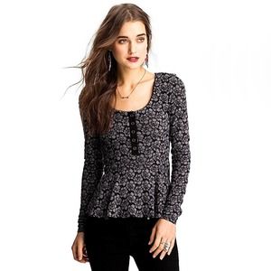 Free People Eyelet Lace Peplum Henley Top in Black
